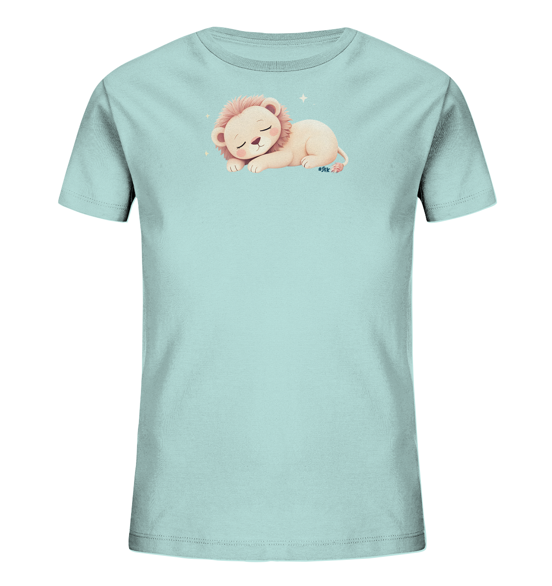 Onlineshop Shirts fuer Kinder - Das Bild zeigt ein hellblaues Kinder-T-Shirt mit einem niedlichen Motiv eines schlafenden Loewenbabys auf der Vorderseite. Das Loewenjunge ist in hellen Cremetoenen gehalten und hat eine rosa Maehne, waehrend es friedlich schlummert. Kleine, glitzernde Sterne umgeben das Motiv und verleihen dem Design eine vertraeumte Note. Das gesamte Erscheinungsbild des Shirts ist sanft und ansprechend fuer Kinder.