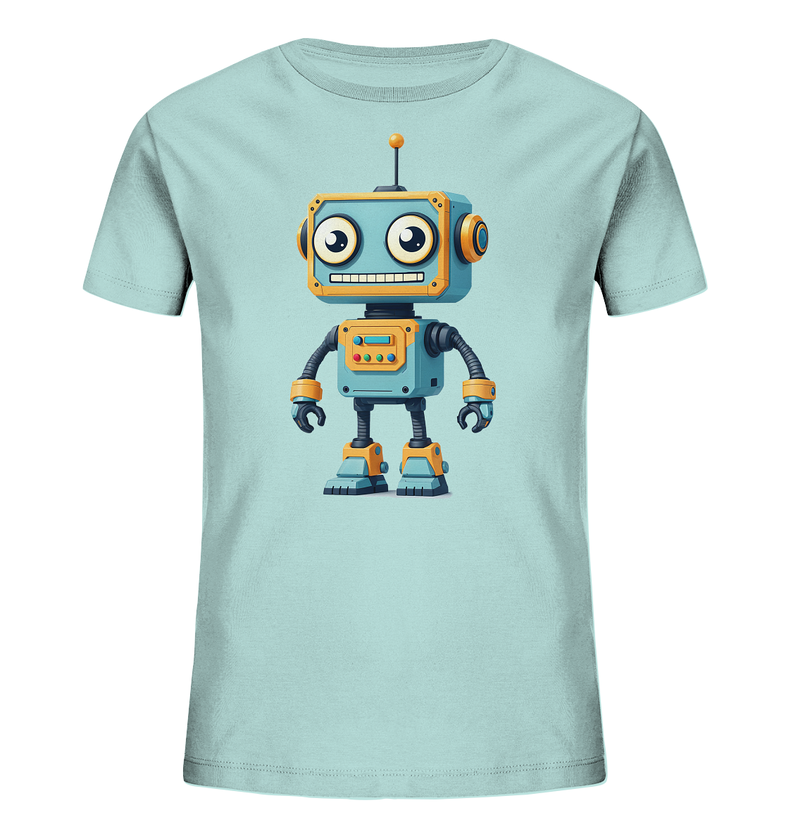 Onlineshop Shirts für Kinder - Das Bild zeigt ein hellblaues Kinder-T-Shirt, das auf der Vorderseite mit einer farbenfrohen Illustration verziert ist. Zu sehen ist ein freundlicher Cartoon-Roboter, der in Blau- und Orangetönen gestaltet ist. Der Roboter hat große, runde Augen, ein breites Lächeln und eine Antenne auf dem Kopf. Dieses verspielte und auffällige Motiv eignet sich gut für Kinderkleidung und wirkt fröhlich.