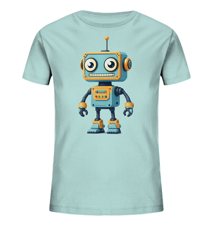Onlineshop Shirts für Kinder - Das Bild zeigt ein hellblaues Kinder-T-Shirt, das auf der Vorderseite mit einer farbenfrohen Illustration verziert ist. Zu sehen ist ein freundlicher Cartoon-Roboter, der in Blau- und Orangetönen gestaltet ist. Der Roboter hat große, runde Augen, ein breites Lächeln und eine Antenne auf dem Kopf. Dieses verspielte und auffällige Motiv eignet sich gut für Kinderkleidung und wirkt fröhlich.
