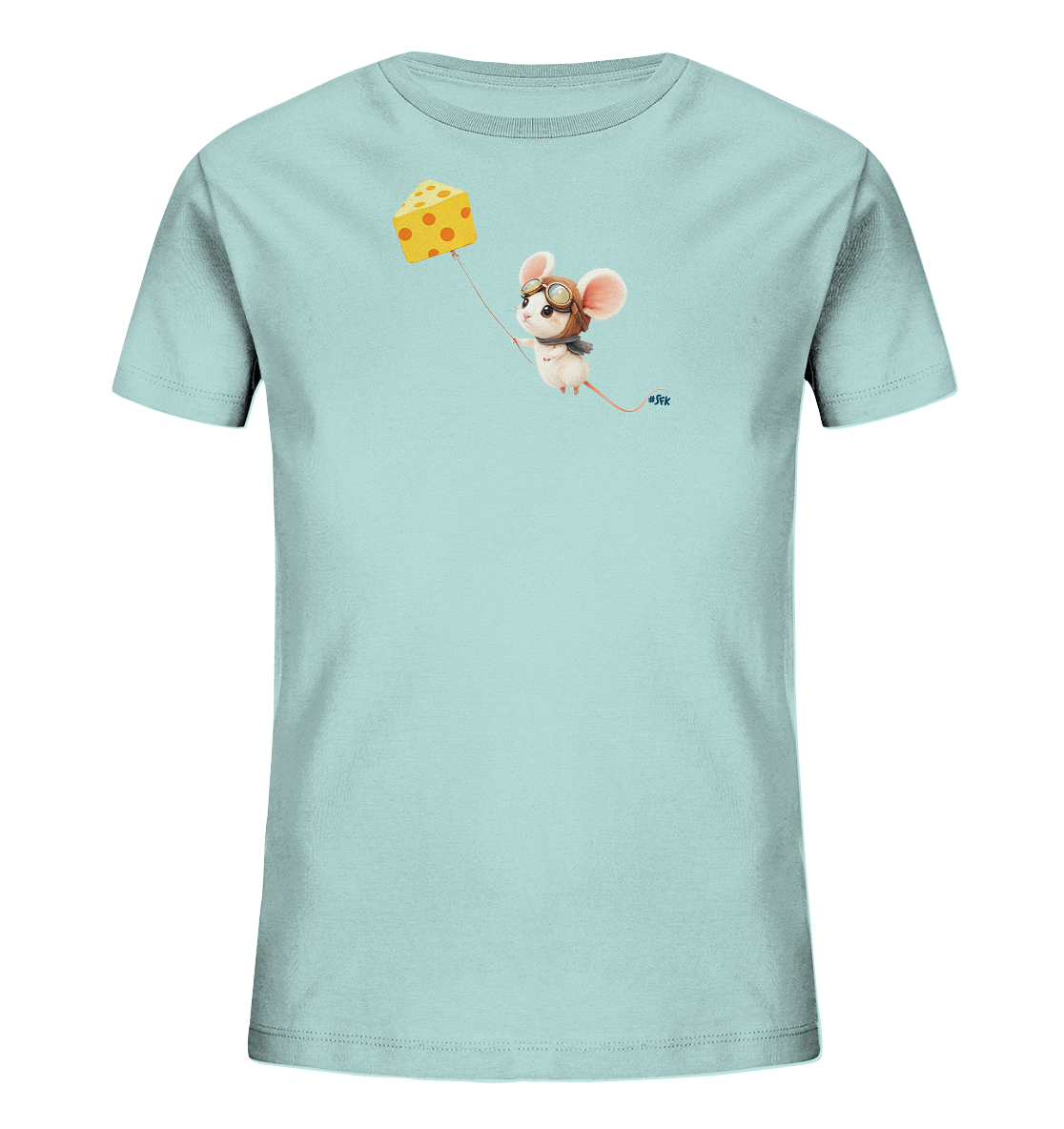 Onlineshop Shirts fuer Kinder - Das Bild zeigt ein hellblaues Kinder-T-Shirt. Auf der Vorderseite ist eine niedliche Maus abgebildet, die eine Pilotenmuetze und -brille traegt. Die Maus schwebt, scheinbar an einem grossen Stueck gelben Kaese haengend, der wie ein Ballon aussieht. Das Design wirkt verspielt und laedt zum Traeumen ein.
