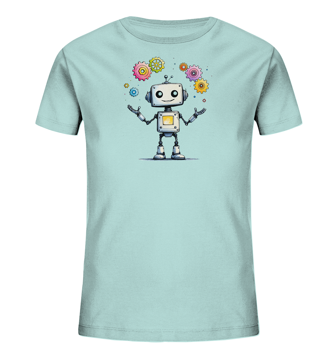 Onlineshop Shirts für Kinder - Das Bild präsentiert ein T-Shirt in einem hellen Pastellton, das mit einer farbenfrohen Grafik eines freundlichen Roboters bedruckt ist. Der Roboter hat ein lächelndes Gesicht und ausgestreckte Arme und ist von mehreren bunten Zahnrädern und kleinen Punkten umgeben. Das Design ist im Comic-Stil gehalten und wirkt verspielt und technisch zugleich. Die Illustration befindet sich zentral auf der Vorderseite des Shirts und ist ein Blickfang.