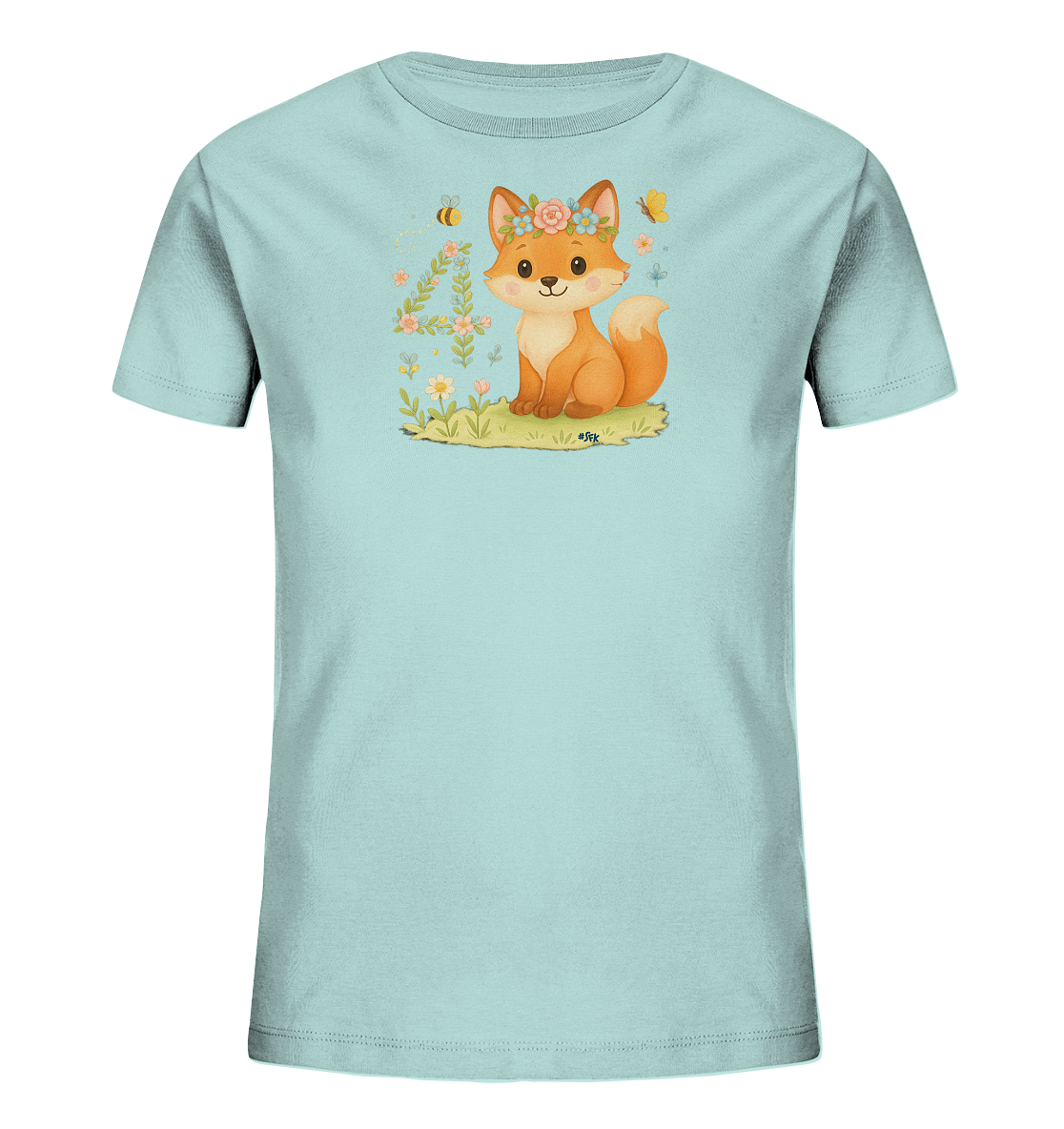 Onlineshop Shirts fuer Kinder - Dieses hellblaue T-Shirt zeigt ein niedliches Motiv eines Fuchses, der auf einer Wiese sitzt. Der Fuchs traegt einen Blumenkranz auf dem Kopf. Links daneben ist die Zahl '4' zu sehen, die aus floralen Elementen wie Ranken und Blumen gebildet wird. Kleine Blumen, eine Biene und ein Schmetterling umgeben das Hauptmotiv und verleihen dem Design einen verspielten Charakter.