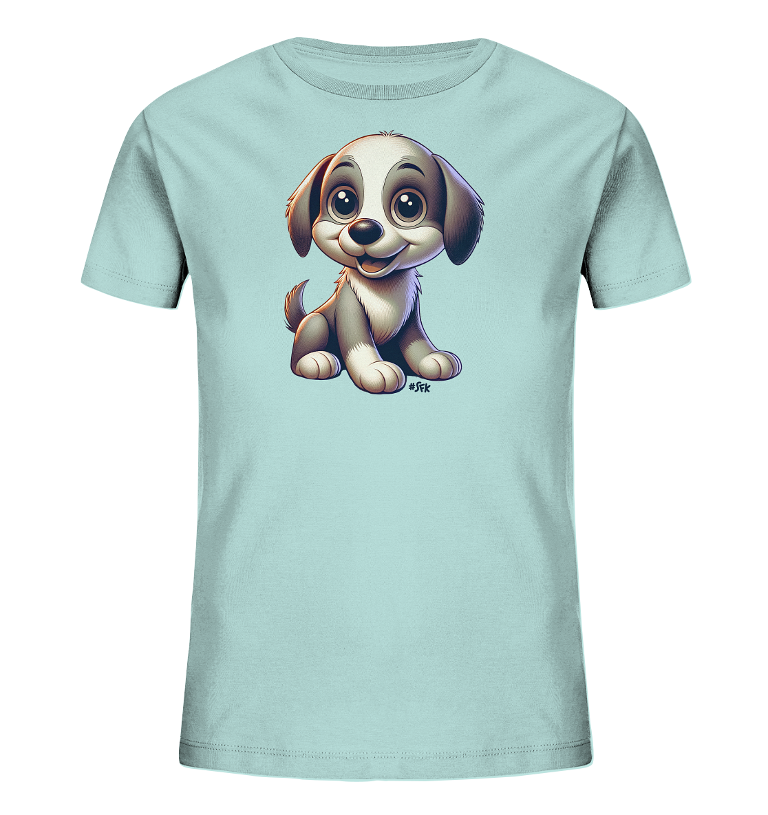Onlineshop Shirts fuer Kinder - Dieses Bild zeigt ein hellblaues Kinder T-Shirt mit einem grossen Frontdruck. Der Druck zeigt eine niedliche, cartoonartige Illustration eines sitzenden Welpen. Der Welpe hat grosse, ausdrucksstarke Augen und ein freundliches Laecheln. Das Design wirkt froehlich und verspielt, ideal fuer Kinderkleidung.