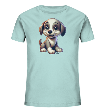 Onlineshop Shirts fuer Kinder - Dieses Bild zeigt ein hellblaues Kinder T-Shirt mit einem grossen Frontdruck. Der Druck zeigt eine niedliche, cartoonartige Illustration eines sitzenden Welpen. Der Welpe hat grosse, ausdrucksstarke Augen und ein freundliches Laecheln. Das Design wirkt froehlich und verspielt, ideal fuer Kinderkleidung.