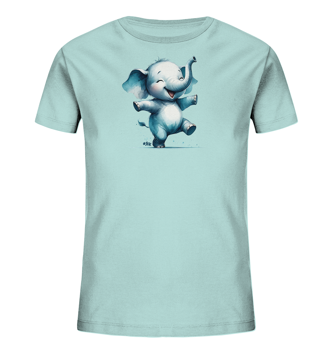 Onlineshop Shirts fuer Kinder - Das Bild zeigt ein hellblaues T-Shirt fuer Kinder mit einem froehlichen Elefantenmotiv. Der Cartoon-Elefant ist in einer dynamischen Tanzpose dargestellt, mit erhobenem Ruessel und ausgebreiteten Armen. Er hat ein breites Laecheln und grosse Ohren, was ihm ein verspieltes Aussehen verleiht. Um den Elefanten herum sind kleine blaue Punkte zu sehen, die das Design abrunden.