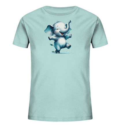 Onlineshop Shirts fuer Kinder - Das Bild zeigt ein hellblaues T-Shirt fuer Kinder mit einem froehlichen Elefantenmotiv. Der Cartoon-Elefant ist in einer dynamischen Tanzpose dargestellt, mit erhobenem Ruessel und ausgebreiteten Armen. Er hat ein breites Laecheln und grosse Ohren, was ihm ein verspieltes Aussehen verleiht. Um den Elefanten herum sind kleine blaue Punkte zu sehen, die das Design abrunden.