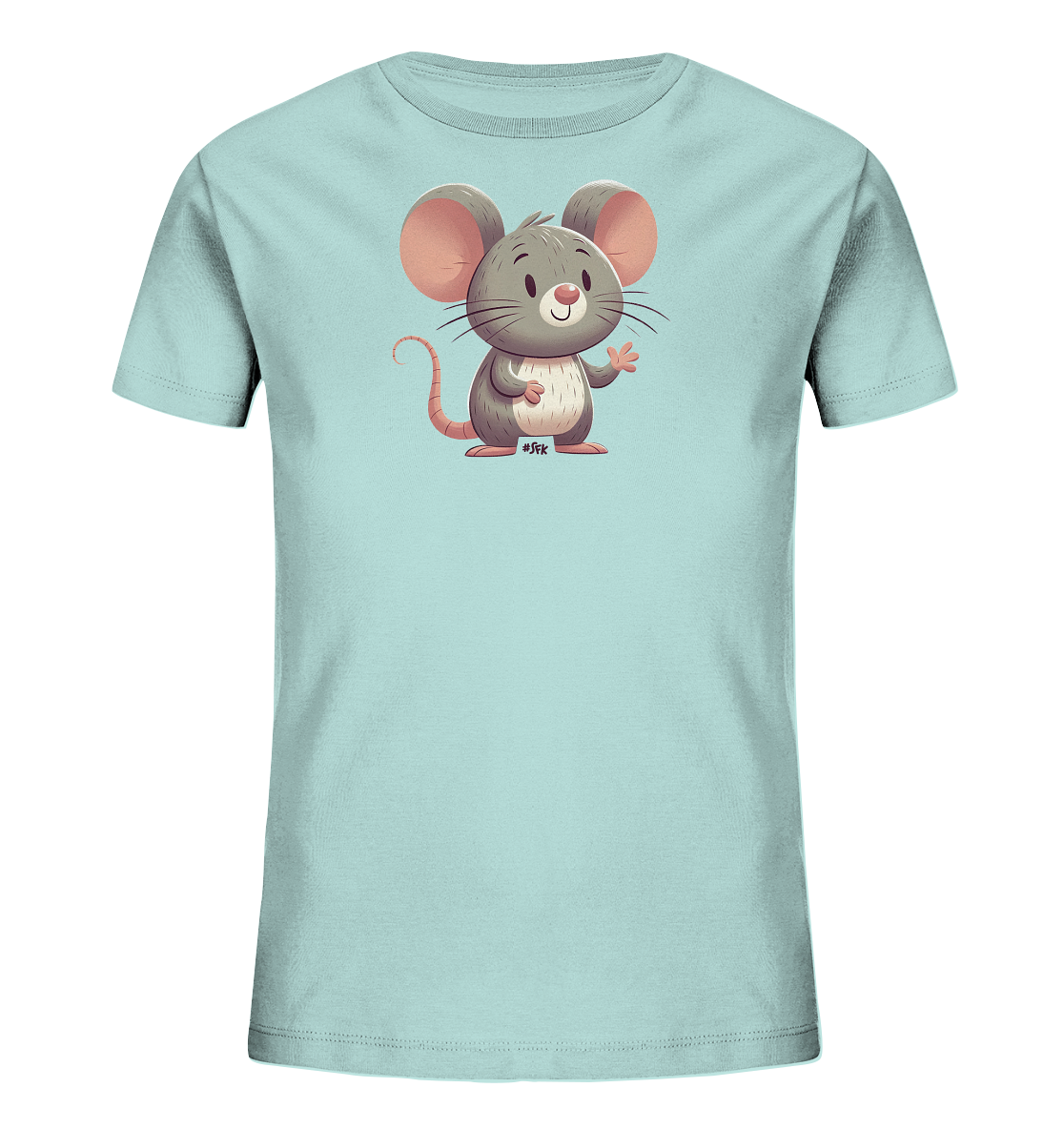 Onlineshop Shirts für Kinder - Das Bild präsentiert ein hellblaues T-Shirt für Kinder, das auf der Vorderseite mit einer niedlichen Cartoon-Maus bedruckt ist. Die Maus ist grau dargestellt, sitzt aufrecht und winkt freundlich mit einer Pfote. Sie hat große, rosafarbene Ohren und einen langen Schwanz, was ihr ein charmantes Aussehen verleiht. Unterhalb der Maus ist ein kleines, dezentes Logo oder eine Signatur in dunkler Farbe zu sehen, was dem Design eine persönliche Note gibt.