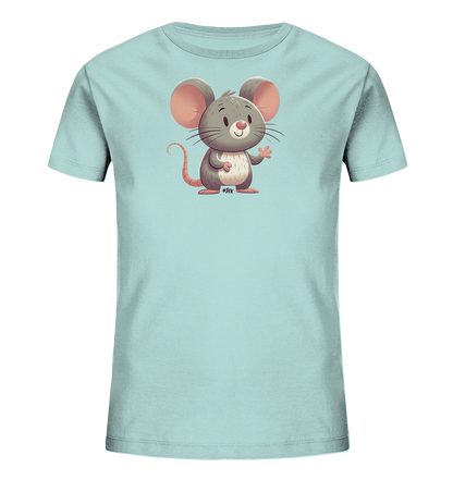 Onlineshop Shirts für Kinder - Das Bild präsentiert ein hellblaues T-Shirt für Kinder, das auf der Vorderseite mit einer niedlichen Cartoon-Maus bedruckt ist. Die Maus ist grau dargestellt, sitzt aufrecht und winkt freundlich mit einer Pfote. Sie hat große, rosafarbene Ohren und einen langen Schwanz, was ihr ein charmantes Aussehen verleiht. Unterhalb der Maus ist ein kleines, dezentes Logo oder eine Signatur in dunkler Farbe zu sehen, was dem Design eine persönliche Note gibt.