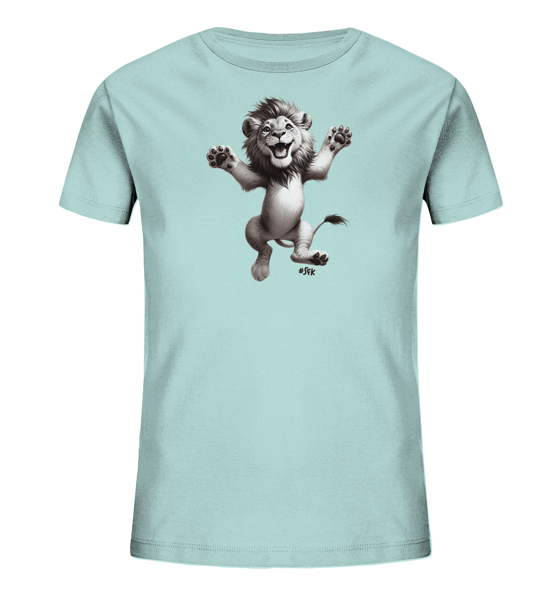 Onlineshop Shirts fuer Kinder - Das Bild zeigt ein hellblaues Kinder-T-Shirt. Darauf ist eine detaillierte, schwarz-weisse Illustration eines froehlich springenden Loewen zu sehen. Der Cartoon-Loewe hat ein breites Grinsen und streckt seine Pfoten aus, was ihm ein dynamisches Aussehen verleiht. Dieses Design wirkt verspielt und ist ideal fuer Kinder.