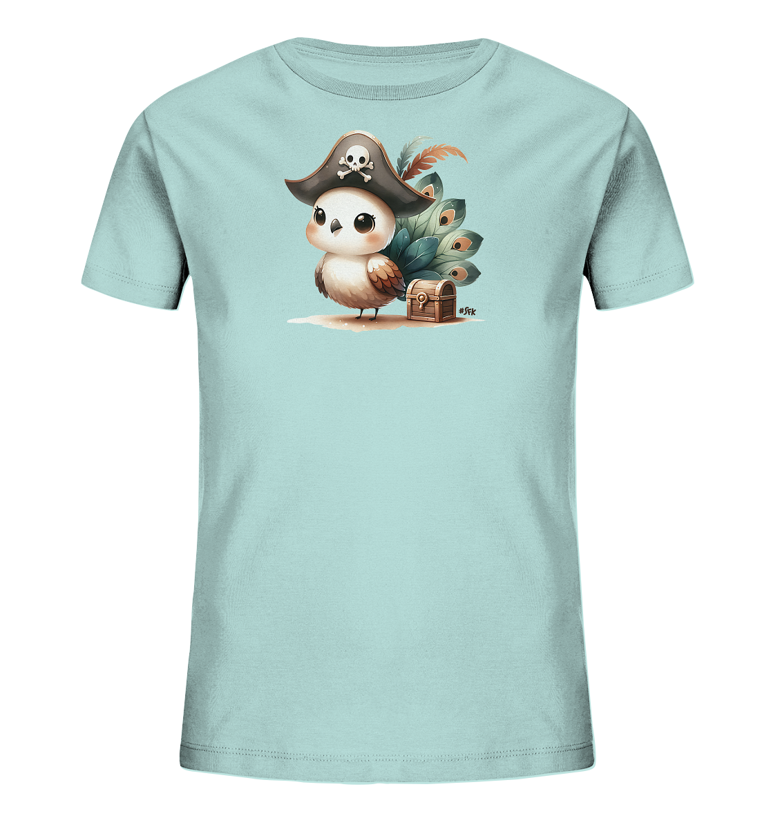 Onlineshop Shirts fuer Kinder - Das Bild zeigt ein hellblaues Kinder-T-Shirt mit einem niedlichen Aufdruck eines kleinen Vogels, der als Pirat verkleidet ist. Der Vogel traegt einen Piratenhut mit Totenkopf und hat grosse, runde Augen. Neben ihm steht eine kleine Schatzkiste, und dahinter sind gruene Blatt- oder Federformen zu sehen. Das Design wirkt verspielt und maritim.
