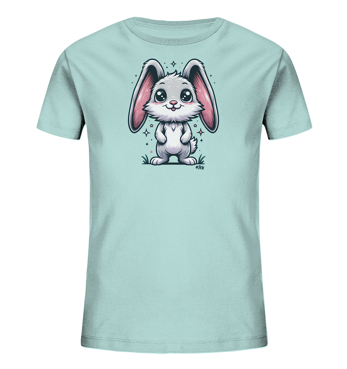 Onlineshop Shirts fuer Kinder - Dieses hellblaue Kinder-T-Shirt zeigt ein suesses, cartoonhaftes Kaninchenmotiv auf der Vorderseite. Das Kaninchen steht aufrecht und hat grosse, freundliche Augen sowie lange Ohren. Es ist von kleinen Sternen und Grashalmen umgeben, was dem Design eine verspielte Note verleiht. Die Illustration wirkt sehr niedlich und kindgerecht.