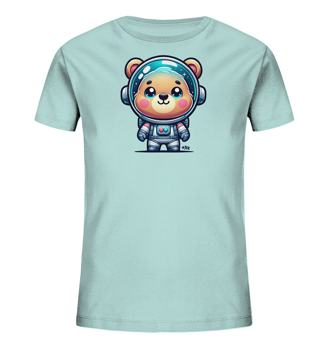 Onlineshop Shirts fuer Kinder - Das Bild zeigt ein hellblaues Kinder-T-Shirt mit einer niedlichen Illustration eines Teddybaeren in einem Astronautenanzug auf der Vorderseite. Der Baer hat grosse, ausdrucksstarke Augen und traegt einen silbernen Raumfahreranzug mit einem Helm, in dem Sterne zu sehen sind. Das Design ist farbenfroh und detailreich gestaltet, was ihm einen verspielten Charakter verleiht.