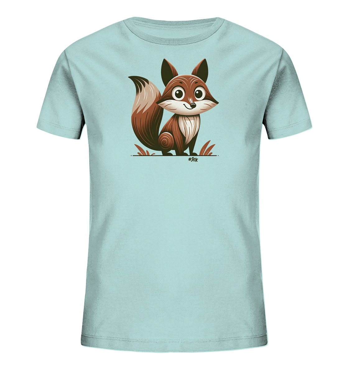 Onlineshop Shirts fuer Kinder - Das Bild zeigt ein hellblaues T-Shirt fuer Kinder mit einem charmanten Fuchs-Motiv auf der Vorderseite. Der cartoonhafte Fuchs sitzt aufrecht, hat ein freundliches Gesicht und einen buschigen Schwanz. Um den Fuchs herum sind stilisierte Grashalme in Brauntoenen dargestellt. Das Design wirkt verspielt und ansprechend.