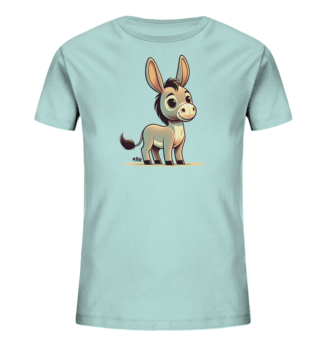 Onlineshop Shirts fuer Kinder - Das Bild zeigt ein hellblaues Kinder T-Shirt. Auf der Vorderseite ist ein suesser, cartoonhafter Esel abgebildet. Der Esel hat grosse Ohren, ein freundliches Laecheln und steht auf einer angedeuteten Flaeche. Die Illustration ist farbenfroh und detailliert, was dem Shirt einen verspielten und kindgerechten Look verleiht.