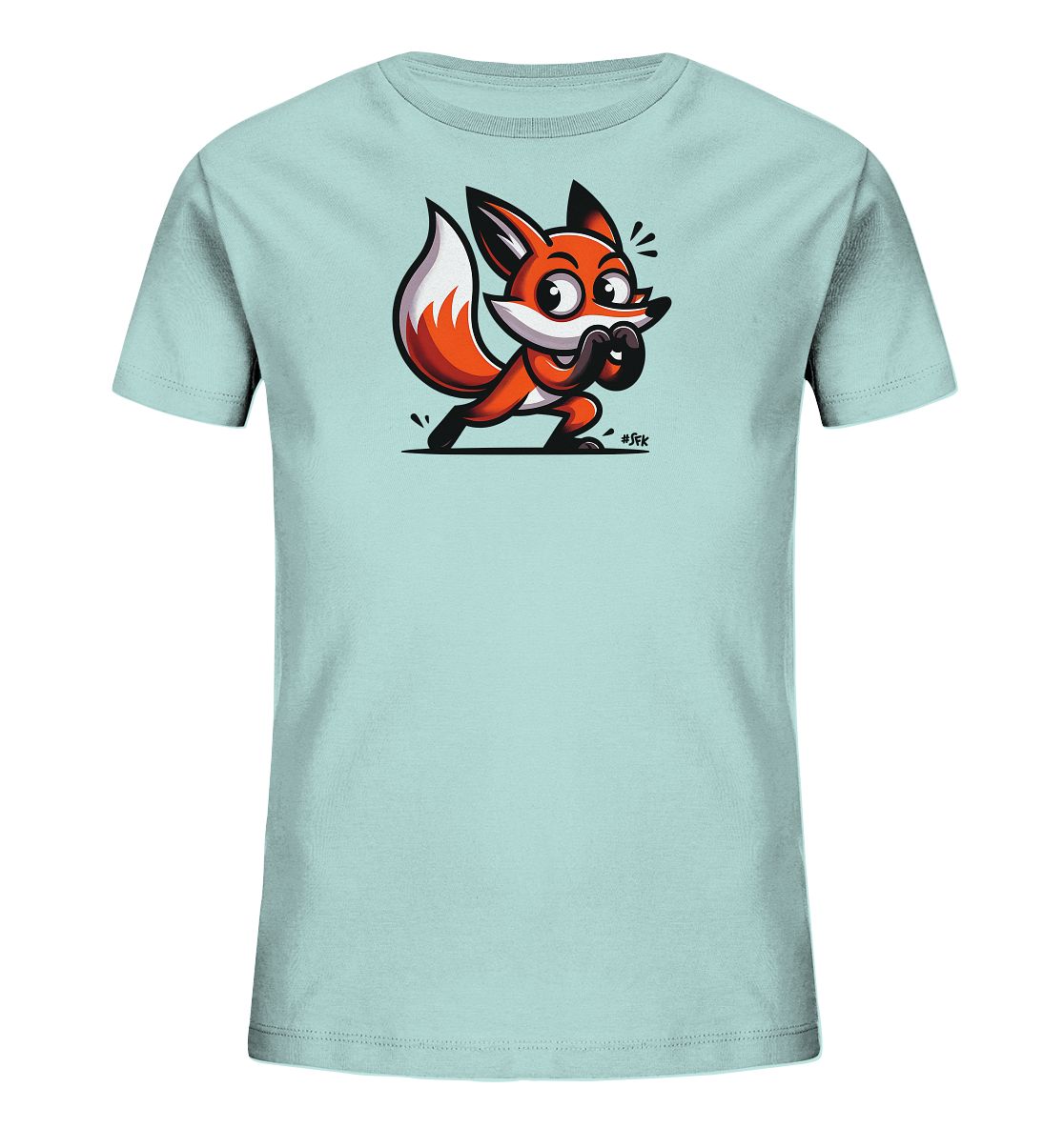 Onlineshop Shirts fuer Kinder - Das Bild zeigt ein hellblaues Kinder-T-Shirt mit einer auffaelligen Comic-Grafik auf der Vorderseite. Dargestellt ist ein oranger Fuchs mit grossen Augen in einer aufmerksamen Haltung. Das Design ist detailliert und verleiht dem Shirt einen lustigen und energiegeladenen Look. Es ist ein schlichtes T-Shirt mit einem farbenfrohen Tiermotiv.