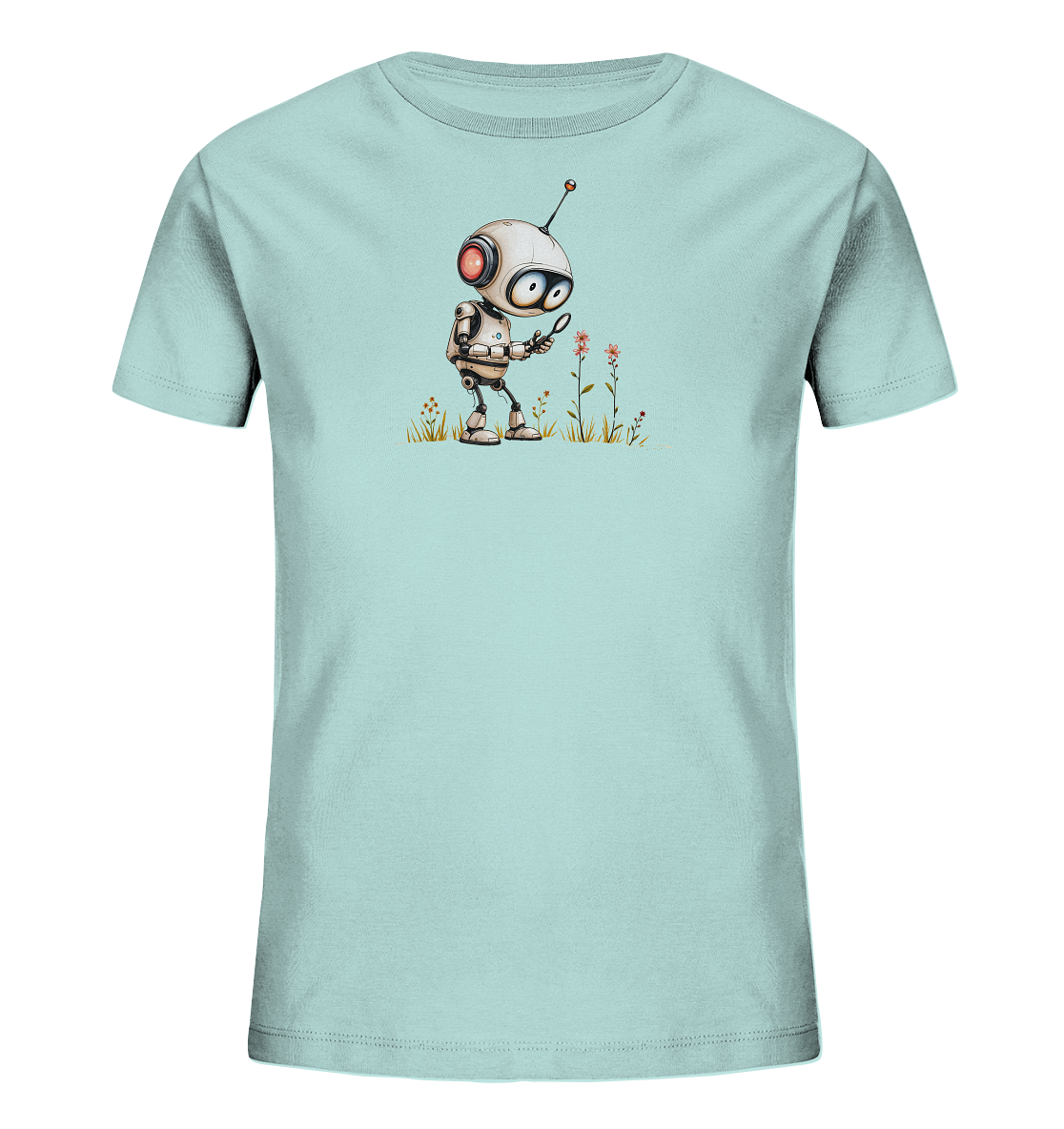 Onlineshop Shirts für Kinder - Das Bild zeigt ein hellblaues T-Shirt mit einem Motiv, das einen neugierigen Roboter darstellt. Der Roboter steht auf einer Wiese mit Grashalmen und kleinen Blumen. In seiner rechten Hand hält der Roboter eine Lupe und betrachtet damit eine der zarten, rosafarbenen Blüten. Dieses Design vermittelt eine Szene der Entdeckung und des Interesses an der Natur, ideal für ein Kinder-T-Shirt.