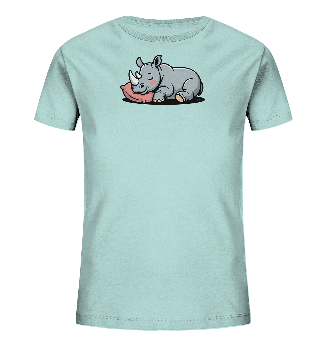 Onlineshop Shirts fuer Kinder - Das Bild zeigt ein hellblaues Kinder-T-Shirt. Auf der Vorderseite befindet sich eine niedliche Illustration eines schlafenden Nashorns. Das graue Nashorn liegt friedlich auf einem rosafarbenen Kissen, mit geschlossenen Augen und einem sanften Ausdruck. Das Design wirkt beruhigend und ist ansprechend fuer Kinder.