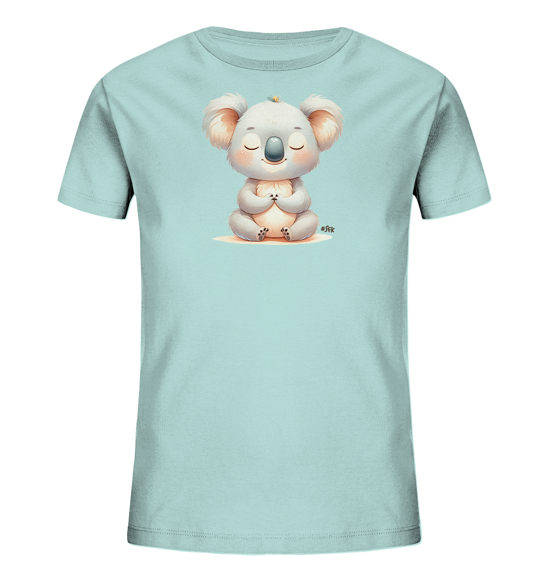 Onlineshop Shirts fuer Kinder - Dieses hellblaue Kinder-T-Shirt zeigt ein niedliches Koala-Motiv auf der Vorderseite. Der graue Koala sitzt entspannt mit geschlossenen Augen und gefalteten Pfoten da. Ein kleiner gelber Punkt schwebt ueber seinem Kopf. Das ruhige und liebevolle Design ist ideal fuer Kinder.