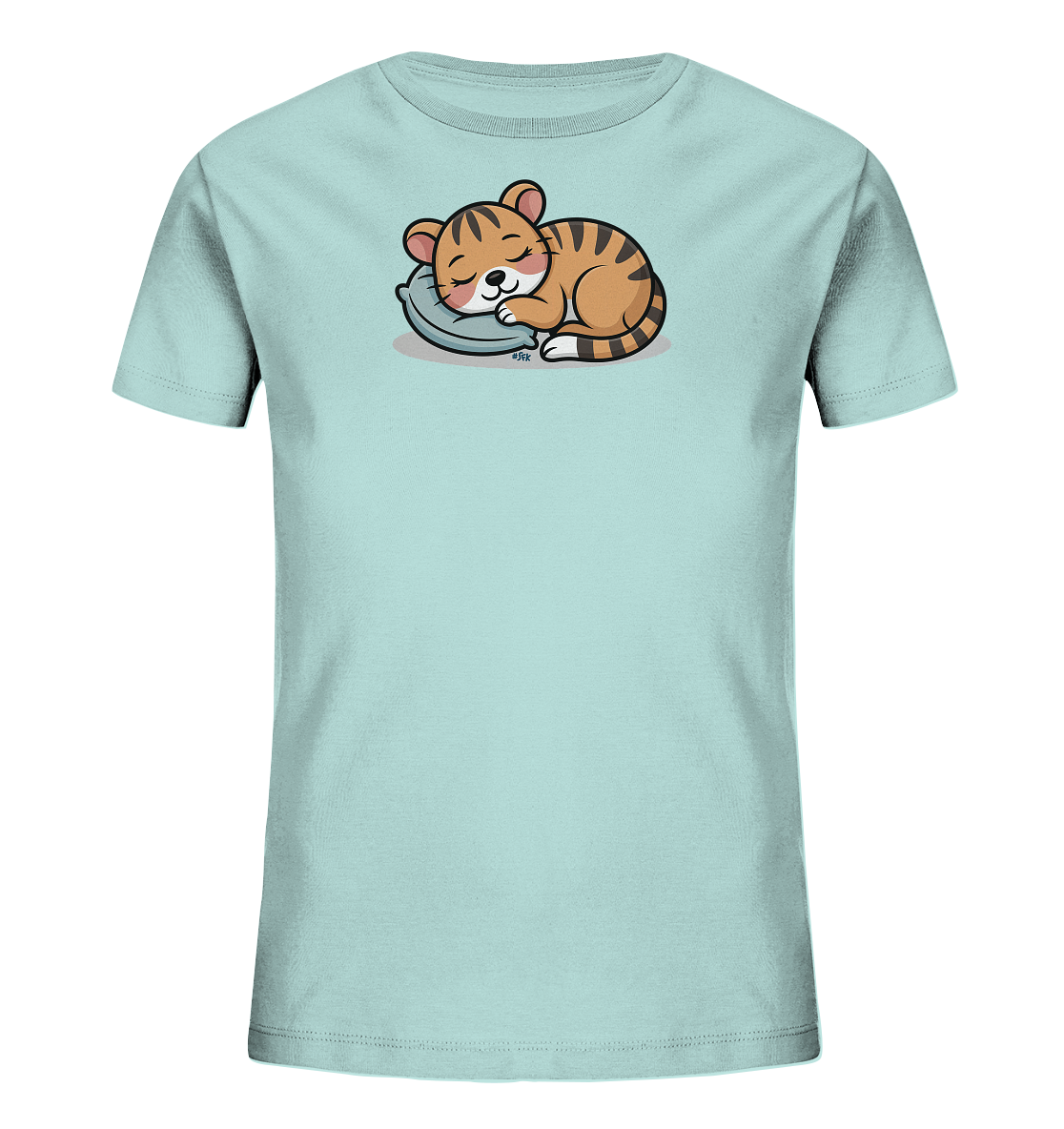 Schlafender Tiger auf blauem Kissen Kinder T-Shirt