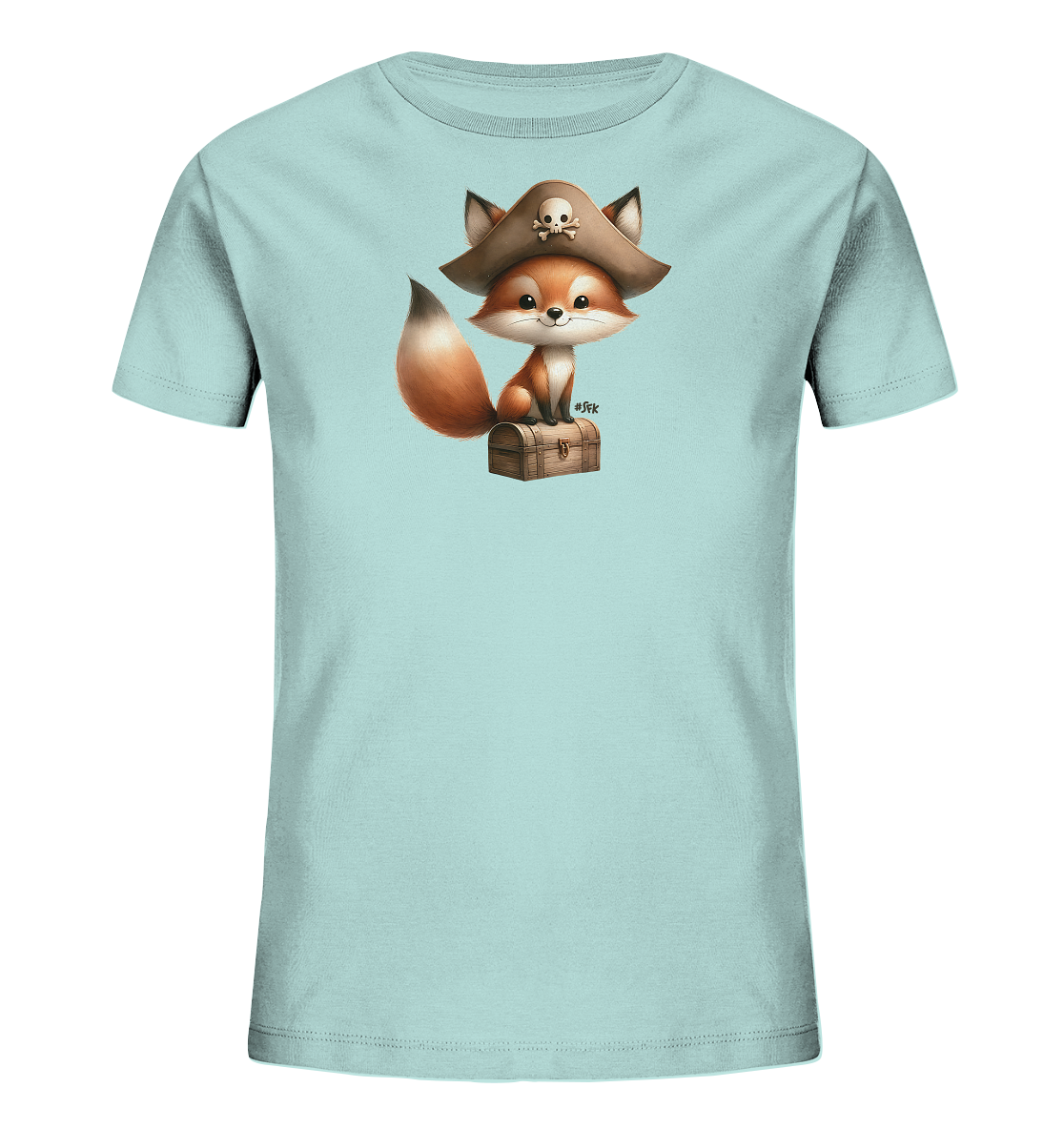 Onlineshop Shirts fuer Kinder - Das Bild zeigt ein hellblaues Kinder T-Shirt mit einem niedlichen Motiv eines Fuchses. Der Fuchs sitzt auf einer Schatzkiste und traegt einen braunen Piratenhut mit Totenkopf-Symbol. Das Design ist detailreich und zeigt den freundlich blickenden Fuchs mit seinem buschigen Schwanz. Dieses Shirt hat ein verspieltes Piraten-Thema.