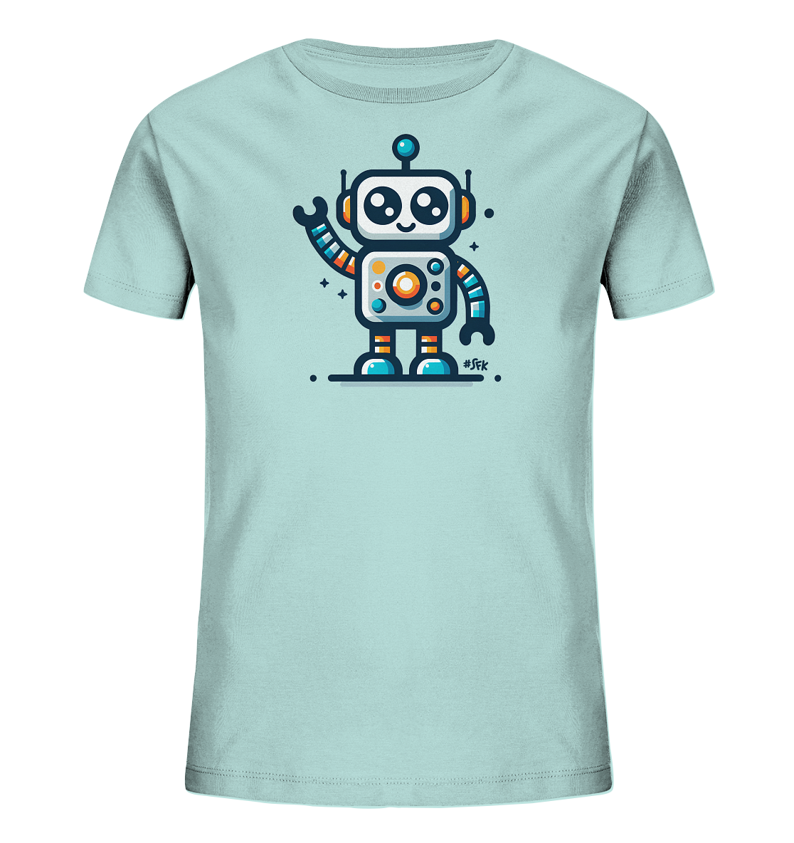 Onlineshop Shirts fuer Kinder - Das Bild zeigt ein hellblaues Kinder-T-Shirt mit einem farbenfrohen Robotermotiv auf der Vorderseite. Der freundliche Roboter ist im Cartoon-Stil dargestellt, hat grosse Augen und winkt. Die Illustration ist von kleinen Sternen und Punkten umgeben, was dem Design einen verspielten Touch gibt. Das Motiv ist zentral auf dem Shirt platziert.