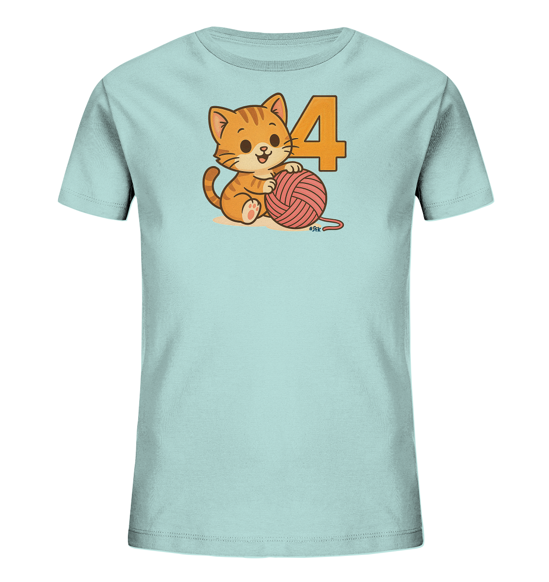 Onlineshop Shirts fuer Kinder - Das Bild zeigt ein hellblaues Kinder-T-Shirt mit einer Illustration einer sitzenden Katze. Die Katze ist orange und spielt mit einem rosa Wollknaeuel. Neben der Katze ist die grosse, orangefarbene Zahl '4' abgebildet. Das Design ist verspielt und kindgerecht gestaltet.