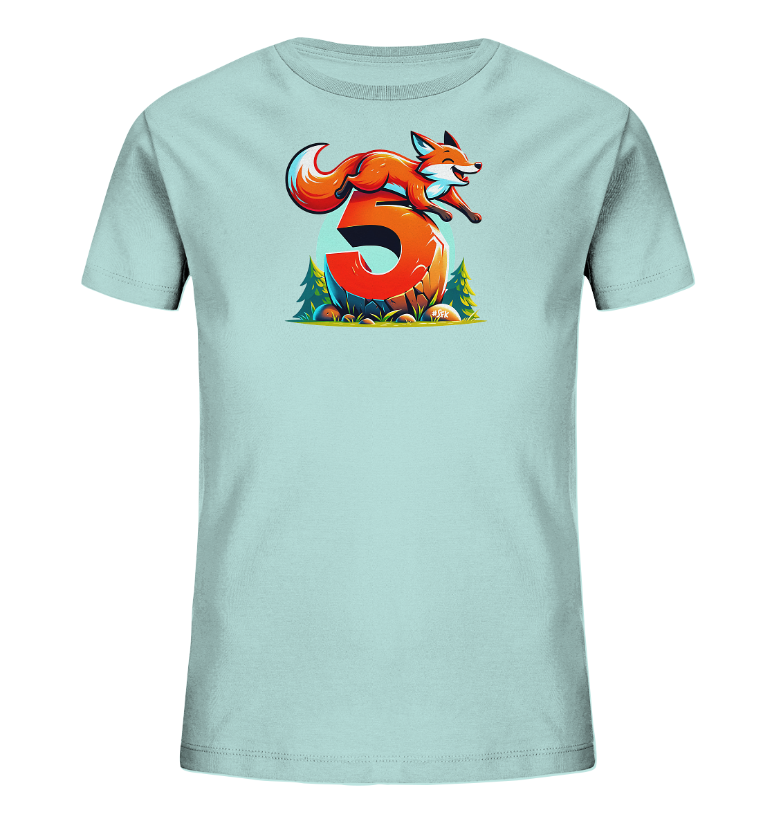 Onlineshop Shirts für Kinder - Das Bild zeigt ein hellblaues Kinder-T-Shirt mit einem farbenfrohen Druck auf der Vorderseite. Das Motiv stellt einen springenden Fuchs im Cartoon-Stil dar, der gerade über eine große, rötlich-orangefarbene Zahl '3' springt. Im Hintergrund der Grafik ist eine stilisierte Landschaft mit grünen Bäumen und Felsen zu sehen. Das Design wirkt lebendig und spielerisch, ideal für Kinder.