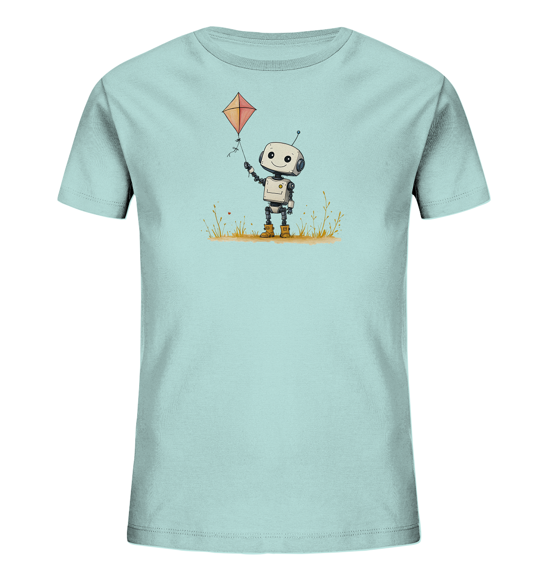 Onlineshop Shirts für Kinder - Das Bild zeigt ein hellblaues T-Shirt, auf dessen Vorderseite eine Illustration eines freundlichen, cartoonhaften Roboters zu sehen ist. Der Roboter steht in einer stilisierten Wiese mit einigen Grashalmen und kleinen roten Elementen, die wie Herzen aussehen. Er hält einen orangefarbenen Drachen an einer Schnur in der Hand. Die Darstellung ist detailreich und farbenfroh, was dem T-Shirt einen verspielten Look verleiht.