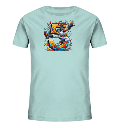 Kinder T-Shirt mit springendem Ninja, großer Zahl 5 und bunten Farbspritzern