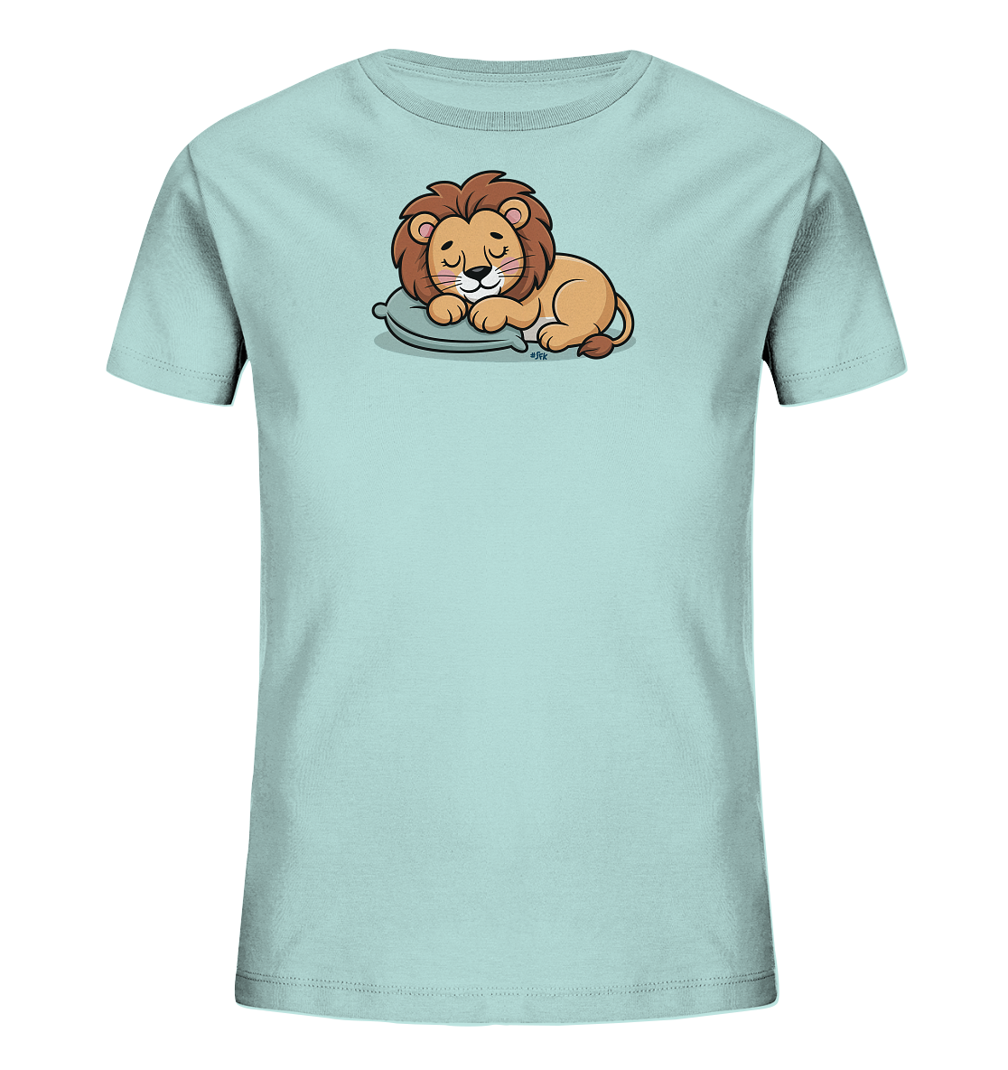 Onlineshop Shirts fuer Kinder - Das Bild zeigt ein hellblaues Kinder-T-Shirt mit einem niedlichen Aufdruck eines schlafenden Loewenbabys. Der Loewe liegt friedlich auf einem Kissen, die Augen geschlossen und ein leichtes Laecheln auf dem Gesicht. Das Design wirkt beruhigend und ist ansprechend fuer Kinder.