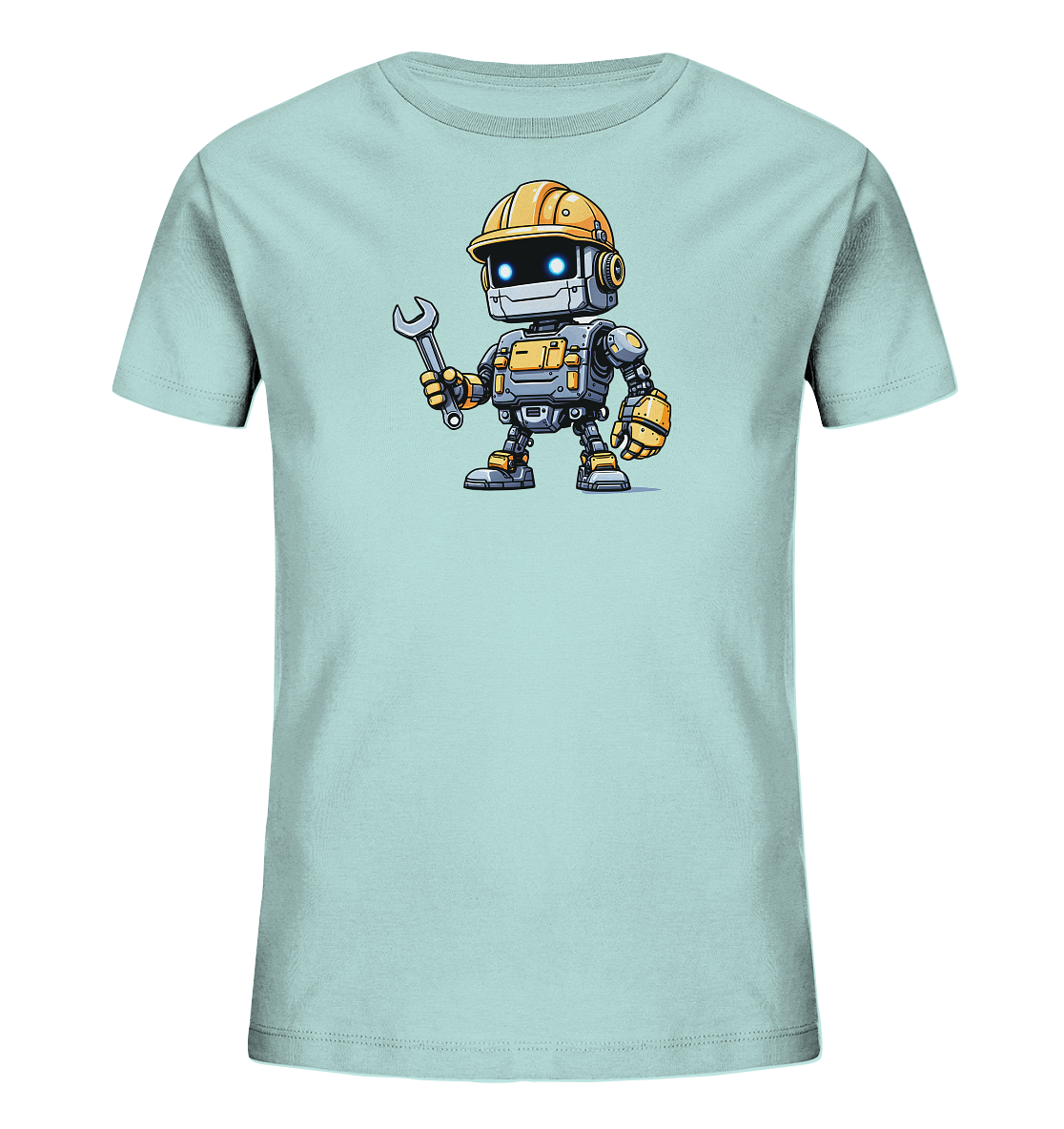 Onlineshop Shirts für Kinder - Das Bild zeigt ein hellblaues T-Shirt für Kinder, das eine farbige Illustration auf der Vorderseite trägt. Die Grafik stellt einen kleinen, cartoonhaften Roboter dar. Der Roboter trägt einen gelben Bauarbeiterhelm und hält einen silbernen Schraubenschlüssel in der Hand. Er hat leuchtende blaue Augen und ist im Detail mit mechanischen Elementen in Grau und Gelb gestaltet.