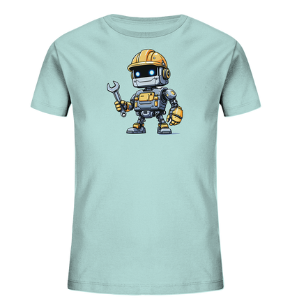 Onlineshop Shirts für Kinder - Das Bild zeigt ein hellblaues T-Shirt für Kinder, das eine farbige Illustration auf der Vorderseite trägt. Die Grafik stellt einen kleinen, cartoonhaften Roboter dar. Der Roboter trägt einen gelben Bauarbeiterhelm und hält einen silbernen Schraubenschlüssel in der Hand. Er hat leuchtende blaue Augen und ist im Detail mit mechanischen Elementen in Grau und Gelb gestaltet.