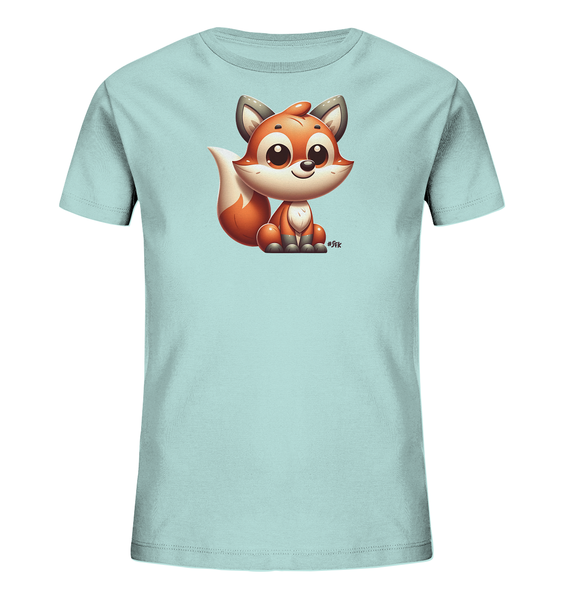 Onlineshop Shirts fuer Kinder - Dieses Bild zeigt ein hellblaues Kinder-T-Shirt mit einem niedlichen Cartoon-Fuchs auf der Vorderseite. Der Fuchs ist orange und weiss dargestellt, sitzt mit grossen Augen und einem freundlichen Laecheln. Seine Position ist zentral auf dem Shirt platziert. Das Design wirkt verspielt und ansprechend fuer Kinder.