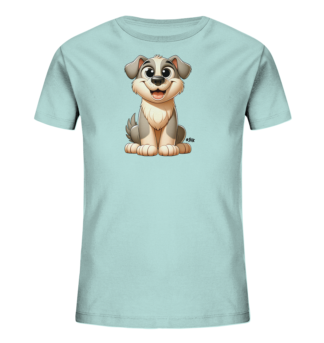 Onlineshop Shirts fuer Kinder - Das Bild zeigt ein hellblaues Kinder-T-Shirt mit einer suessen Illustration eines sitzenden Hundes. Der cartoonhafte Hund ist in Grau- und Beigetoenen dargestellt und laechelt freundlich. Seine grossen Augen verleihen ihm einen besonders aufgeweckten Ausdruck. Dieses froehliche Motiv ist ideal fuer ein Kinderoutfit.