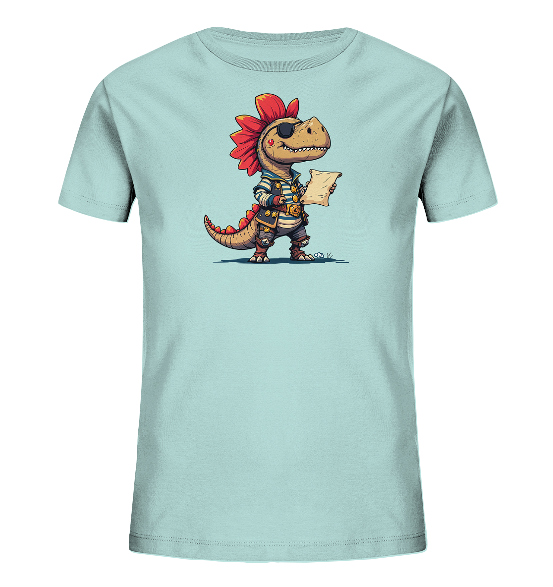 Onlineshop Shirts fuer Kinder - Dieses hellblaue T-Shirt zeigt einen verspielten Cartoon-Dinosaurier in einem Piraten-Outfit. Der Dino traegt eine Augenklappe, ein gestreiftes Shirt und haelt eine Schriftrolle. Seine roten Stacheln und das freundliche Laecheln verleihen dem Motiv einen froehlichen Charakter.