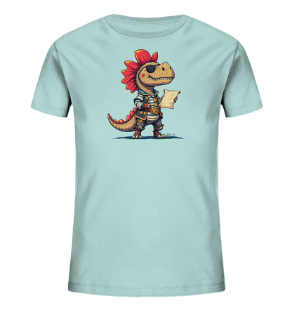 Onlineshop Shirts fuer Kinder - Dieses hellblaue T-Shirt zeigt einen verspielten Cartoon-Dinosaurier in einem Piraten-Outfit. Der Dino traegt eine Augenklappe, ein gestreiftes Shirt und haelt eine Schriftrolle. Seine roten Stacheln und das freundliche Laecheln verleihen dem Motiv einen froehlichen Charakter.
