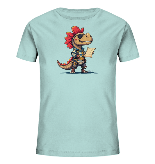Onlineshop Shirts fuer Kinder - Dieses hellblaue T-Shirt zeigt einen verspielten Cartoon-Dinosaurier in einem Piraten-Outfit. Der Dino traegt eine Augenklappe, ein gestreiftes Shirt und haelt eine Schriftrolle. Seine roten Stacheln und das freundliche Laecheln verleihen dem Motiv einen froehlichen Charakter.