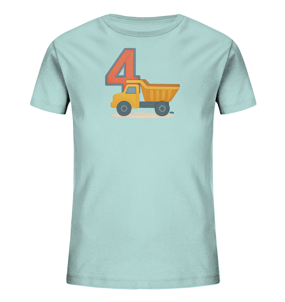 Onlineshop Shirts fuer Kinder - Das Bild zeigt ein hellblaues Kinder-T-Shirt mit einem grossen Motiv auf der Vorderseite. Das Motiv besteht aus der Zahl Vier in Orange mit blauem Rand und einem darunter positionierten gelben Muldenkipper mit orangefarbener Ladeflaeche. Der Lastwagen faehrt auf einer angedeuteten hellbraunen Flaeche. Das Design wirkt klar und verspielt, ideal fuer kleine Fahrzeugfans.