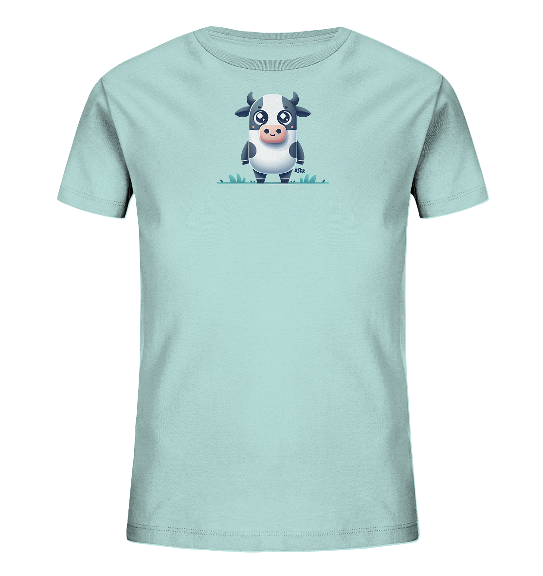 Onlineshop Shirts fuer Kinder - Das Bild zeigt ein hellblaues T-Shirt fuer Kinder. Auf der Vorderseite ist eine niedliche, cartoonhafte Kuh abgebildet. Die Kuh ist schwarz-weiss gefleckt, hat grosse, runde Augen und steht in einer stilisierten Wiese. Das Design wirkt froehlich und verspielt.