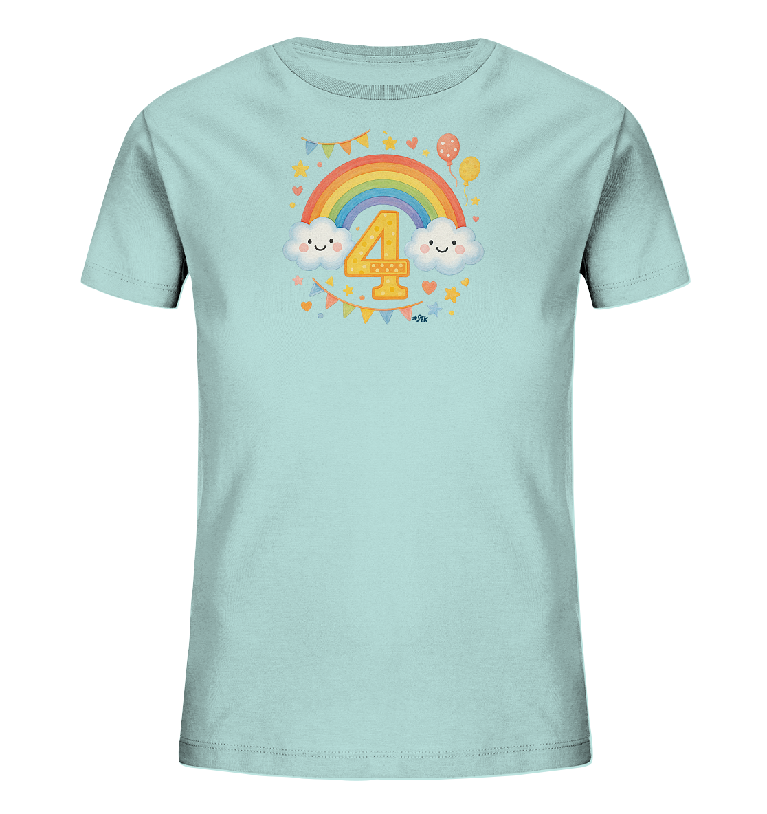 Onlineshop Shirts fuer Kinder - Das Bild praesentiert ein mintfarbenes Kinder-T-Shirt mit einem froehlichen Design. Im Zentrum steht ein bunter Regenbogen, flankiert von zwei laechelnden Wolken. Darunter befindet sich die grosse gelbe Zahl Vier. Kleine Sterne, Herzen, Faehnchen und Ballons komplettieren das verspielte Motiv.