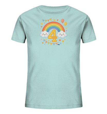 Onlineshop Shirts fuer Kinder - Das Bild praesentiert ein mintfarbenes Kinder-T-Shirt mit einem froehlichen Design. Im Zentrum steht ein bunter Regenbogen, flankiert von zwei laechelnden Wolken. Darunter befindet sich die grosse gelbe Zahl Vier. Kleine Sterne, Herzen, Faehnchen und Ballons komplettieren das verspielte Motiv.