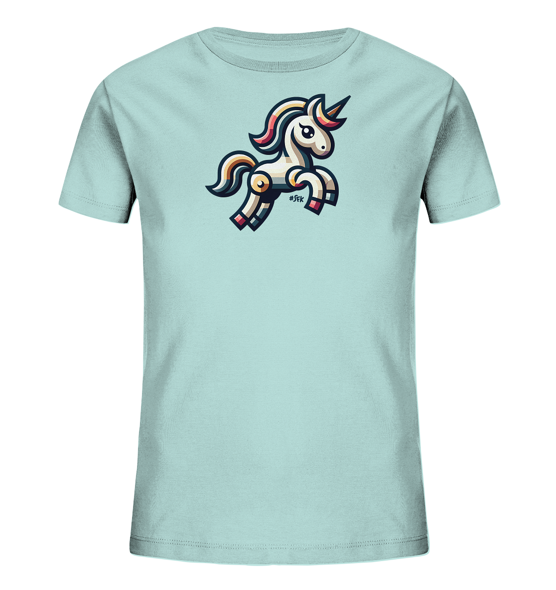 Onlineshop Shirts fuer Kinder - Das Bild zeigt ein hellblaues Kinder-T-Shirt mit einer farbenfrohen Grafik auf der Vorderseite. Dargestellt ist ein stilisiertes Einhorn in einer dynamischen Sprung- oder Tanzhaltung. Das Design nutzt kraeftige Umrisslinien und Flaechen in den Farben Weiss, Rosa, Gelb und Blau.