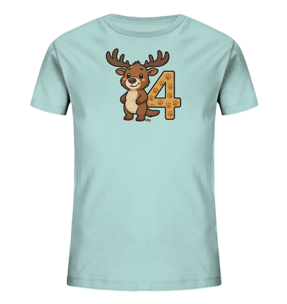Onlineshop Shirts fuer Kinder - Das Bild zeigt ein hellblaues Kinder-T-Shirt mit einem niedlichen Aufdruck auf der Vorderseite. Zu sehen ist ein freundliches Cartoon-Rentier mit Geweih und laechelndem Gesicht. Direkt daneben steht die grosse Zahl Vier, verziert mit einem Pfotenabdruckmuster. Das Design wirkt verspielt und froehlich, passend fuer Kinder.
