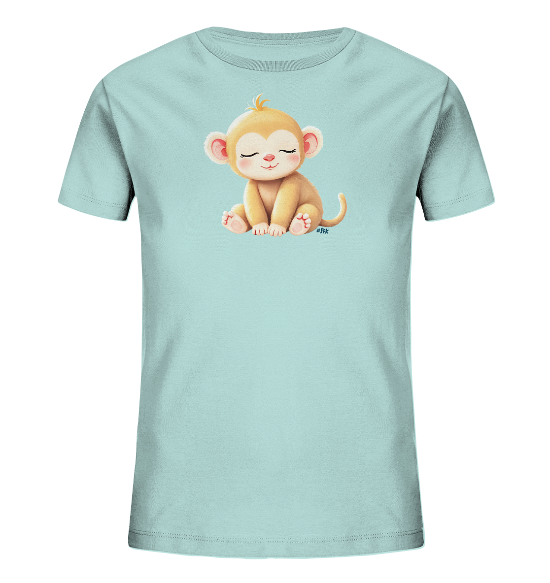 Onlineshop Shirts fuer Kinder - Das Bild zeigt ein hellblaues Kinder-T-Shirt. Auf der Vorderseite ist eine niedliche, goldbraune Comic-Figur eines Affen abgebildet, der mit geschlossenen Augen und einem sanften Laecheln sitzt. Der Affe hat kleine Ohren und einen kurzen Haarschopf auf dem Kopf, was ihm ein friedliches Aussehen verleiht. Das Design ist schlicht und verspielt, ideal fuer ein Kinderoutfit.