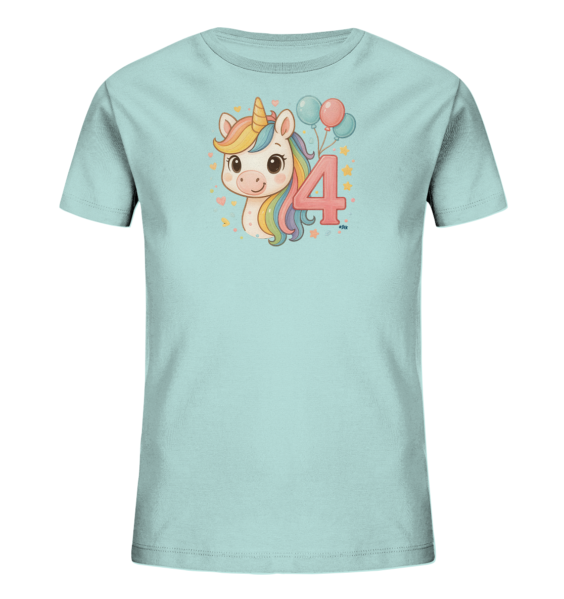 Onlineshop Shirts fuer Kinder - Das Bild zeigt ein hellblaues T-Shirt fuer Kinder. Auf der Vorderseite ist eine bunte Grafik mit einem freundlichen Einhornkopf zu sehen. Daneben steht prominent die Zahl Vier, begleitet von zwei Ballons. Kleine Sterne und Herzen runden das verspielte Motiv ab.