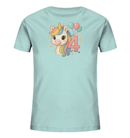 Onlineshop Shirts fuer Kinder - Das Bild zeigt ein hellblaues T-Shirt fuer Kinder. Auf der Vorderseite ist eine bunte Grafik mit einem freundlichen Einhornkopf zu sehen. Daneben steht prominent die Zahl Vier, begleitet von zwei Ballons. Kleine Sterne und Herzen runden das verspielte Motiv ab.