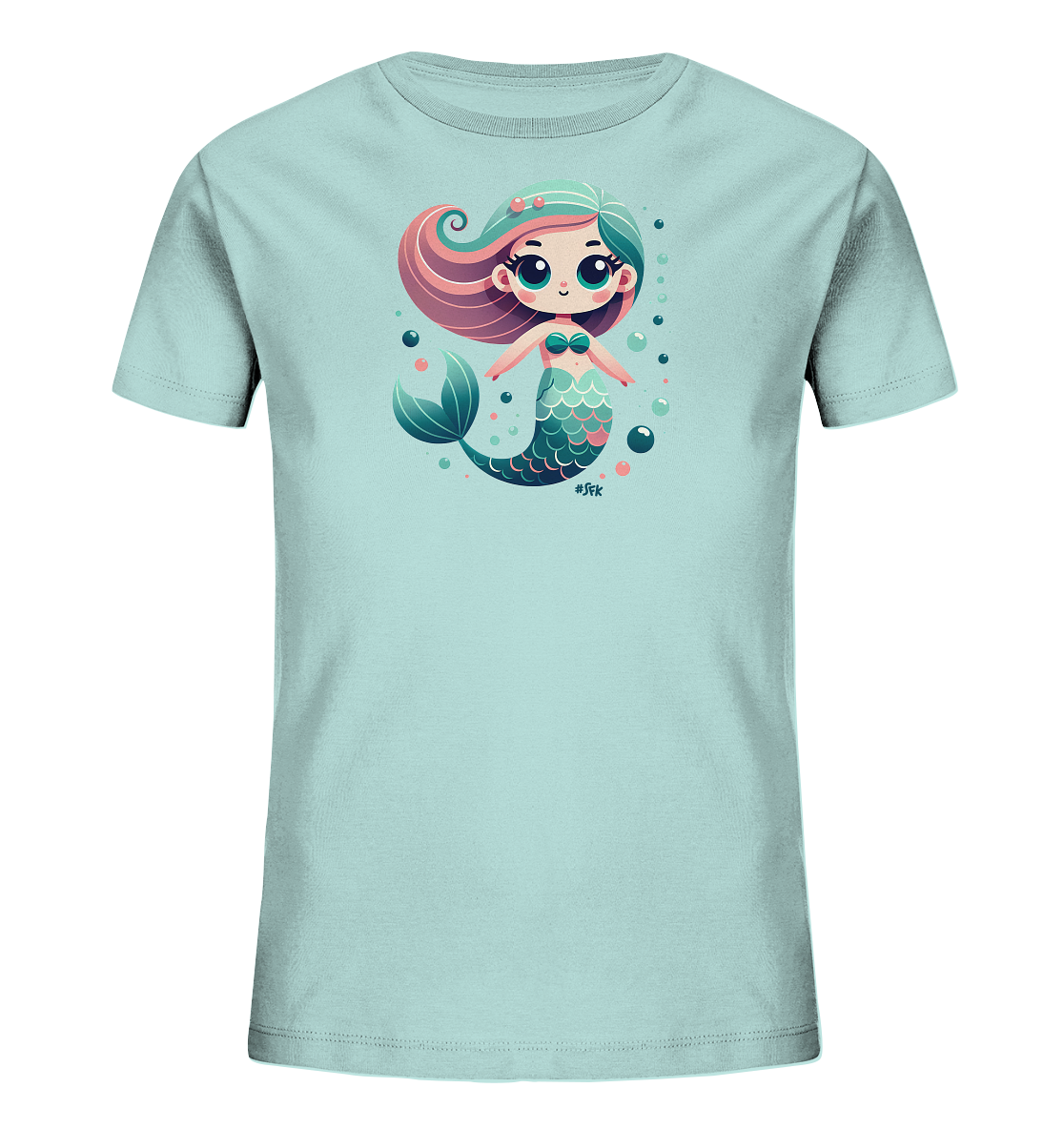 Onlineshop Shirts fuer Kinder - Das hellblaue T-Shirt zeigt eine niedliche, cartoonhafte Meerjungfrau. Sie hat langes, farbiges Haar und einen schillernden Schwanz, umgeben von kleinen Blasen. Die freundliche Meerjungfrau ist in der Mitte des Shirts platziert.