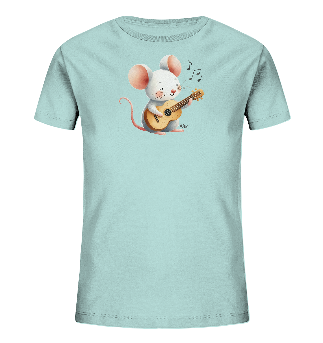 Onlineshop Shirts für Kinder - Das Bild zeigt ein hellblaues Kinder-T-Shirt mit einem niedlichen Druck auf der Vorderseite. Das Motiv stellt eine kleine, weiße Maus mit rosa Ohren dar, die eine kleine, hellbraune Gitarre oder Ukulele spielt. Über der Maus schweben mehrere schwarze Musiknoten, was den Eindruck erweckt, dass sie musiziert. Das gesamte Design ist schlicht und freundlich.