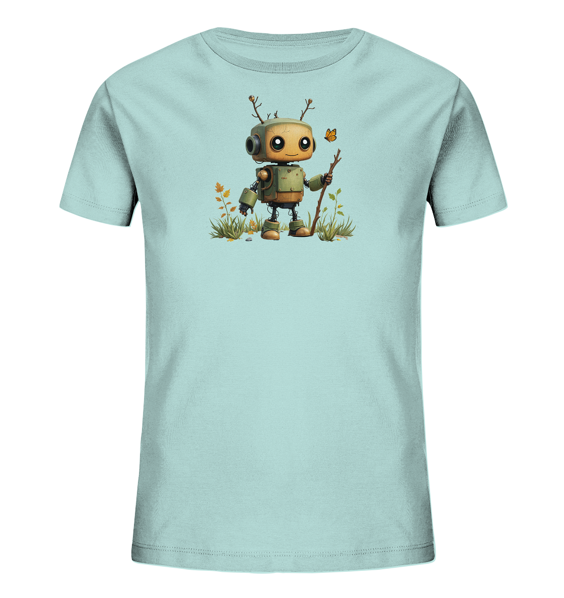 Onlineshop Shirts für Kinder - Das Bild zeigt ein hellblaues Kinder-T-Shirt auf neutralem Hintergrund. Auf der Vorderseite des Shirts befindet sich eine detaillierte Illustration eines cartoonartigen Roboters. Der Roboter steht in einer Umgebung mit Gras und Blättern, hält einen Stock und hat Äste als Antennen. Ein kleiner Schmetterling fliegt neben seinem Kopf und ergänzt das Natur-Thema des Designs. Die Grafik ist farbig und wirkt freundlich.