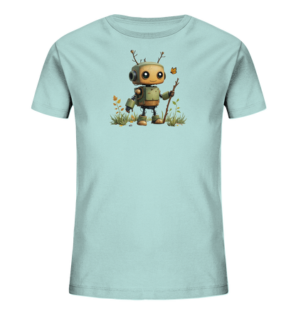 Onlineshop Shirts für Kinder - Das Bild zeigt ein hellblaues Kinder-T-Shirt auf neutralem Hintergrund. Auf der Vorderseite des Shirts befindet sich eine detaillierte Illustration eines cartoonartigen Roboters. Der Roboter steht in einer Umgebung mit Gras und Blättern, hält einen Stock und hat Äste als Antennen. Ein kleiner Schmetterling fliegt neben seinem Kopf und ergänzt das Natur-Thema des Designs. Die Grafik ist farbig und wirkt freundlich.